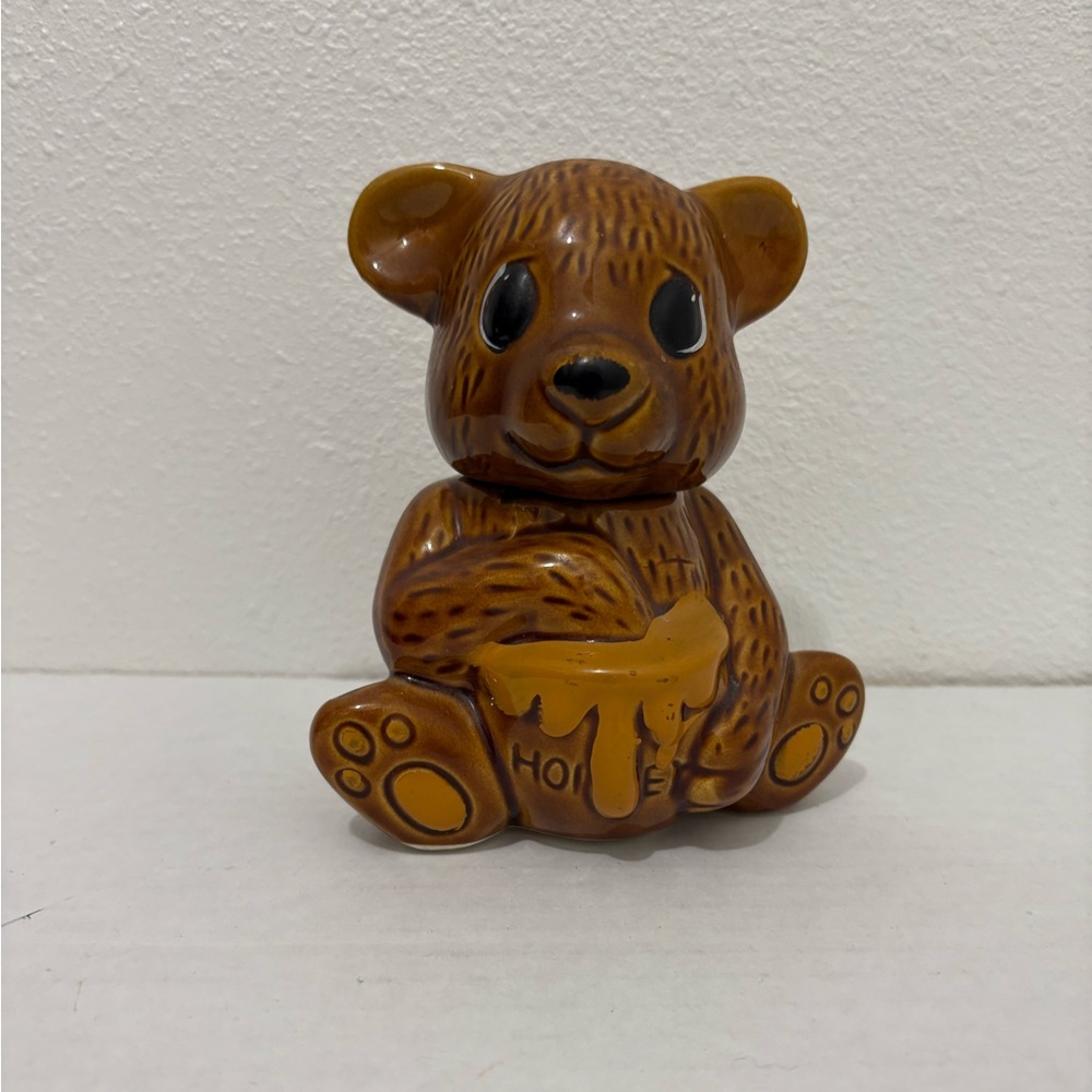 Vintage Brown Ceramic Bear Honey Holder Honey Pot Marked Made in Taiwan B